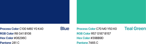 부천상권활성화센터 CI 전용 색상 가이드 1. Blue 색상 시스템 - Process Color: C100 M80 Y0 K40, RGB Color: R8 G41 B108, Hex Color: #08296C, Pantone: 281 C. Teal Green 색상 시스템 - Process Color: C70 M0 Y50 K0, RGB Color: R57 G187 B157, Hex Color: #39BB9D, Pantone: 7465 C.