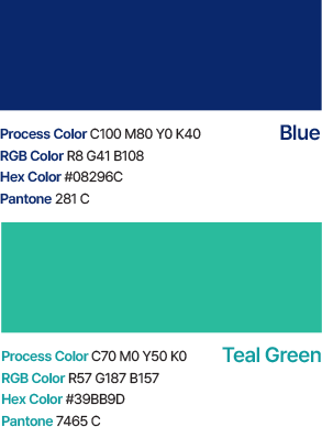 부천상권활성화센터 CI 전용 색상 가이드 1. Blue 색상 시스템 - Process Color: C100 M80 Y0 K40, RGB Color: R8 G41 B108, Hex Color: #08296C, Pantone: 281 C. Teal Green 색상 시스템 - Process Color: C70 M0 Y50 K0, RGB Color: R57 G187 B157, Hex Color: #39BB9D, Pantone: 7465 C.