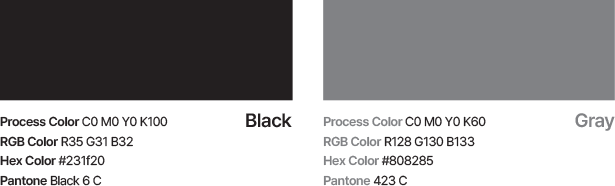 부천상권활성화센터 CI 전용 색상 가이드 2. Black 색상 시스템 - Process Color: C0 M0 Y0 K100, RGB Color: R35 G31 B32, Hex Color: #231f20, Pantone: Black 6 C. Gray 색상 시스템 - Process Color: C0 M0 Y0 K60, RGB Color: R128 G130 B133, Hex Color: #808285, Pantone: 423 C.