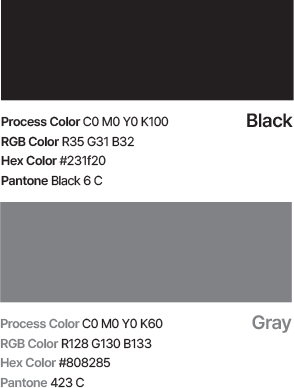 부천상권활성화센터 CI 전용 색상 가이드 2. Black 색상 시스템 - Process Color: C0 M0 Y0 K100, RGB Color: R35 G31 B32, Hex Color: #231f20, Pantone: Black 6 C. Gray 색상 시스템 - Process Color: C0 M0 Y0 K60, RGB Color: R128 G130 B133, Hex Color: #808285, Pantone: 423 C.